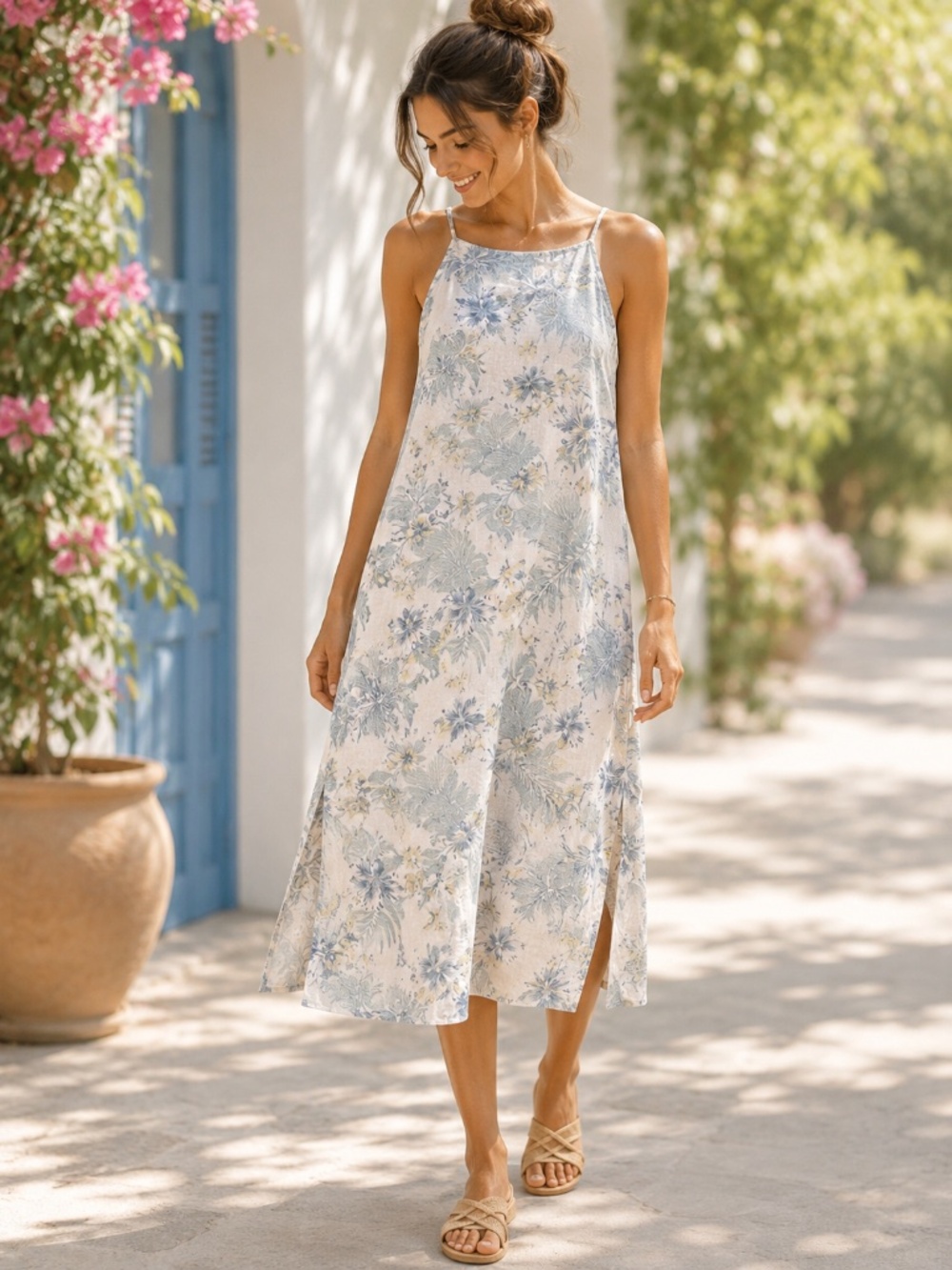 Lungo Largo Made in Italy Linen Floral Midi Dress Size M